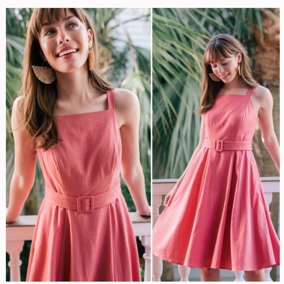Gal Meets Glam | Ruth Belted Fit & Flare Dress in Rosemist,  linen blend, 10P - Picture 1 of 15